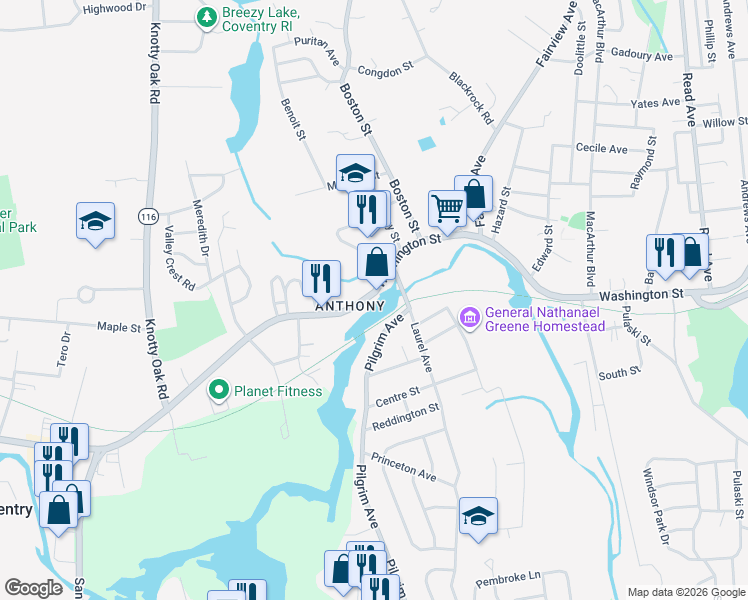 map of restaurants, bars, coffee shops, grocery stores, and more near 661 Washington Street in Coventry