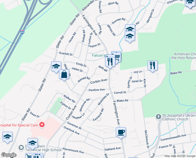 map of restaurants, bars, coffee shops, grocery stores, and more near 102 Ruth Road in New Britain