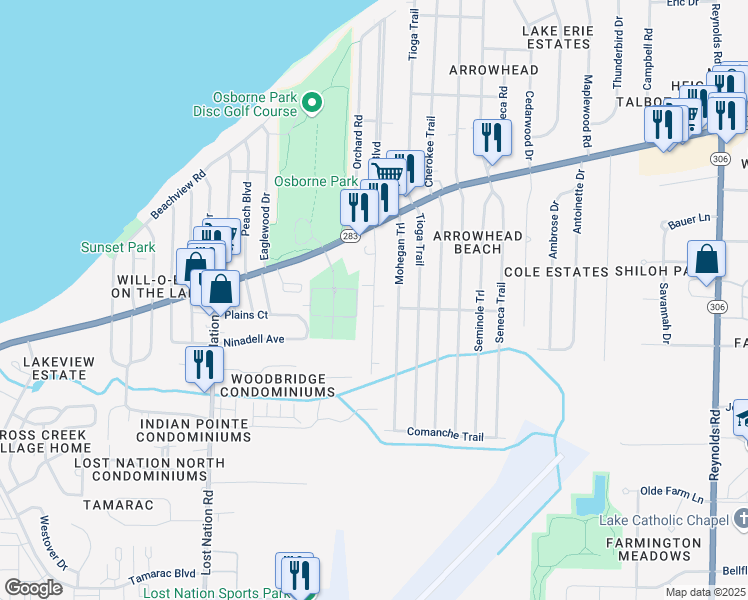 map of restaurants, bars, coffee shops, grocery stores, and more near 1076 Garden Road in Willoughby