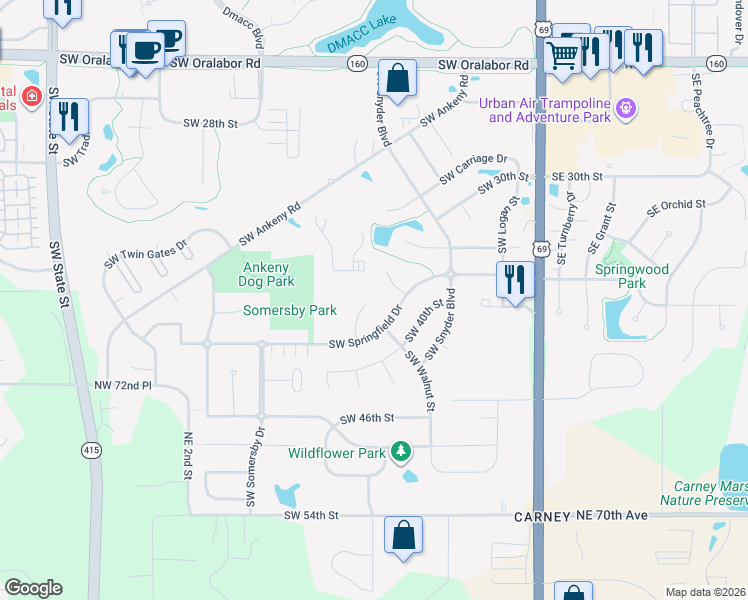 map of restaurants, bars, coffee shops, grocery stores, and more near 3505 Southwest Maple Court in Ankeny