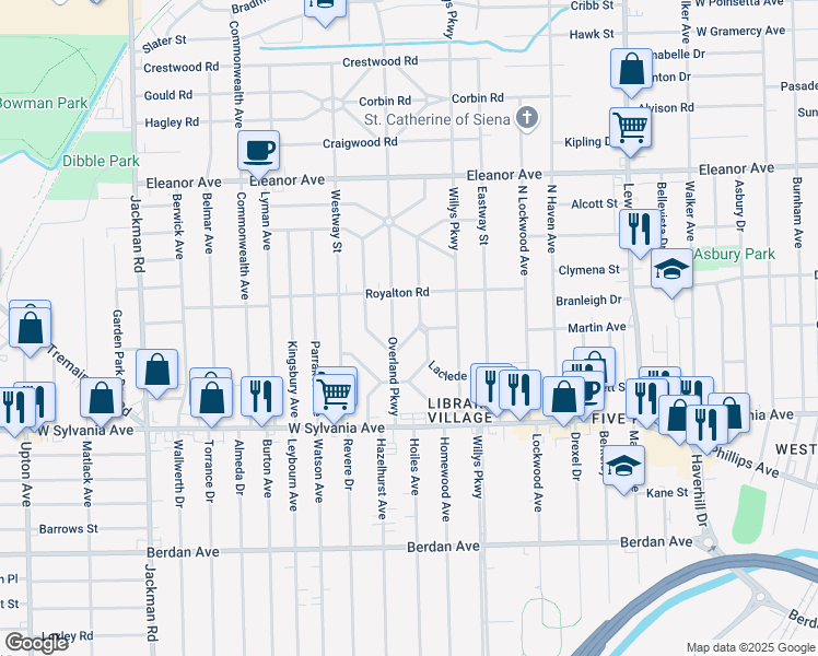 map of restaurants, bars, coffee shops, grocery stores, and more near 4212 Lowe Road in Toledo