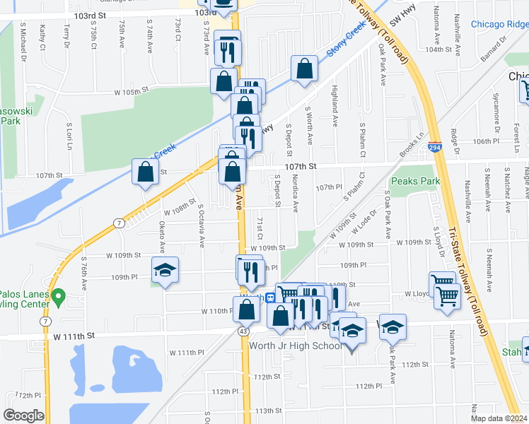 map of restaurants, bars, coffee shops, grocery stores, and more near 10801 71st Court in Worth