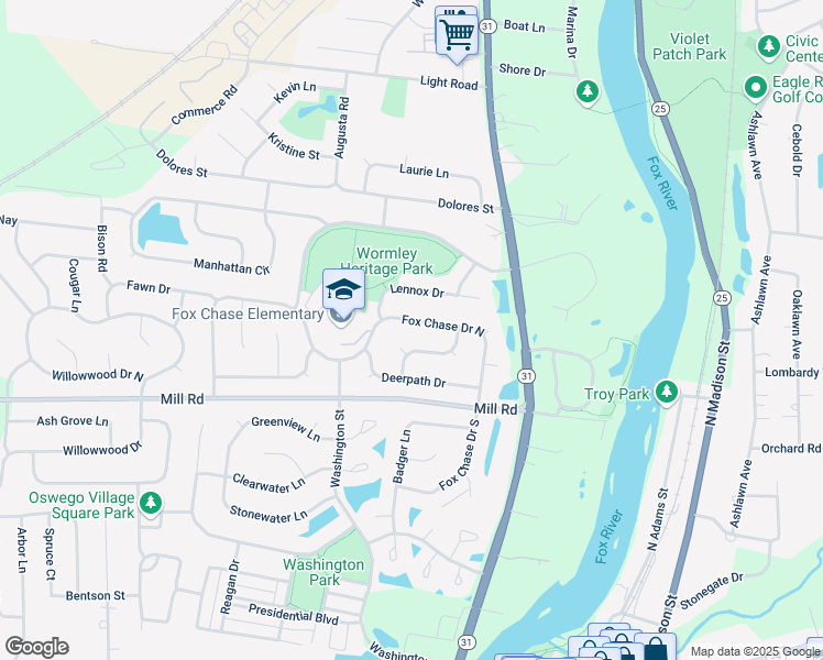 map of restaurants, bars, coffee shops, grocery stores, and more near 237 Fox Chase Drive South in Oswego
