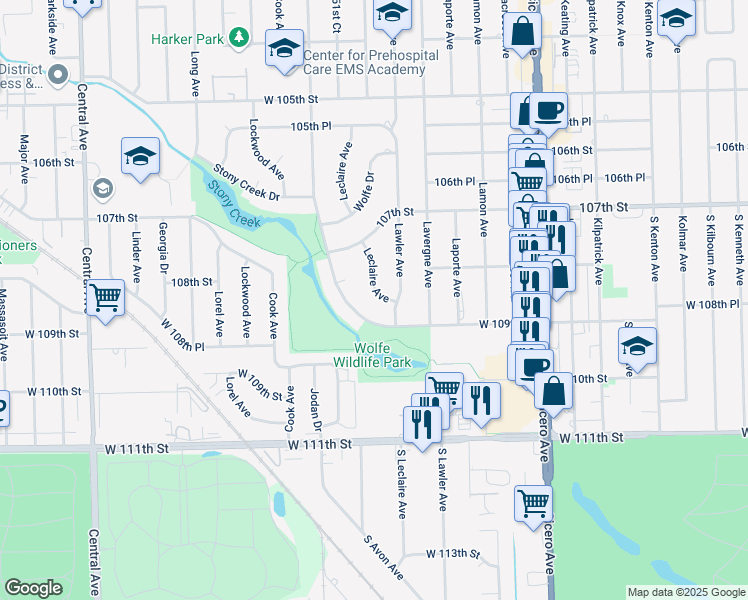map of restaurants, bars, coffee shops, grocery stores, and more near 10814 Leclaire Avenue in Oak Lawn