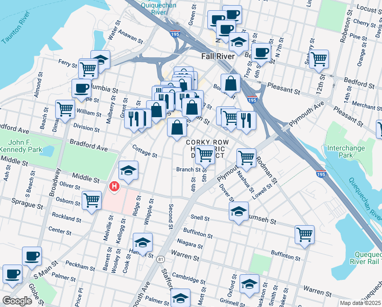 map of restaurants, bars, coffee shops, grocery stores, and more near 380 4th Street in Fall River