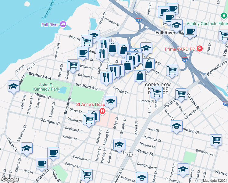 map of restaurants, bars, coffee shops, grocery stores, and more near 640 South Main Street in Fall River