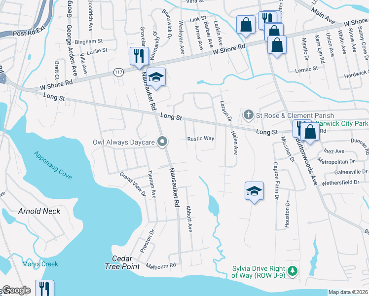 map of restaurants, bars, coffee shops, grocery stores, and more near 62 Hutchinson Street in Warwick