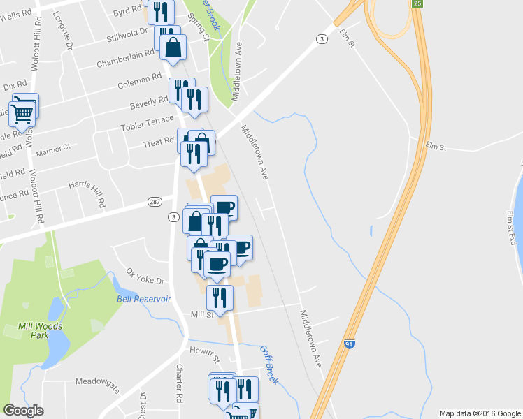map of restaurants, bars, coffee shops, grocery stores, and more near 12-14 Alison Lane in Wethersfield