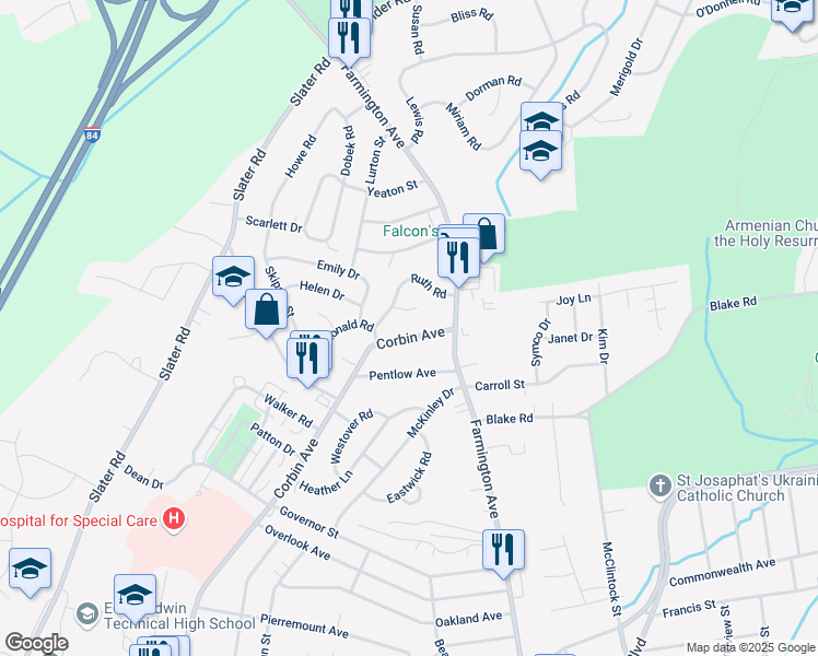 map of restaurants, bars, coffee shops, grocery stores, and more near 102 Ruth Road in New Britain