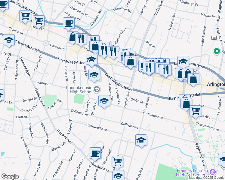 map of restaurants, bars, coffee shops, grocery stores, and more near 43 Fountain Place in Poughkeepsie