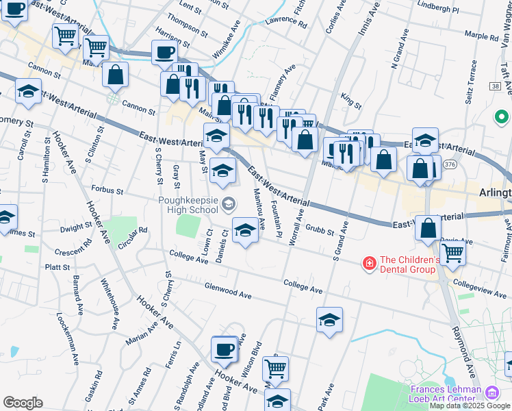 map of restaurants, bars, coffee shops, grocery stores, and more near 42 Manitou Avenue in Poughkeepsie