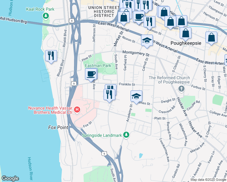 map of restaurants, bars, coffee shops, grocery stores, and more near 105 South Avenue in Poughkeepsie