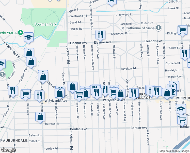 map of restaurants, bars, coffee shops, grocery stores, and more near 4211 Lyman Avenue in Toledo