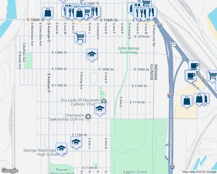 map of restaurants, bars, coffee shops, grocery stores, and more near 10958 South Avenue F in Chicago
