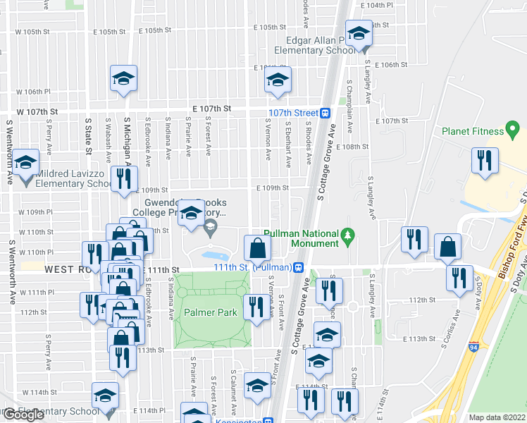 map of restaurants, bars, coffee shops, grocery stores, and more near 10931 South Vernon Avenue in Chicago