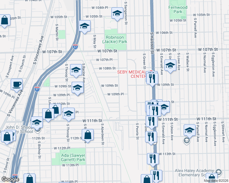 map of restaurants, bars, coffee shops, grocery stores, and more near 1015 West 109th Street in Chicago