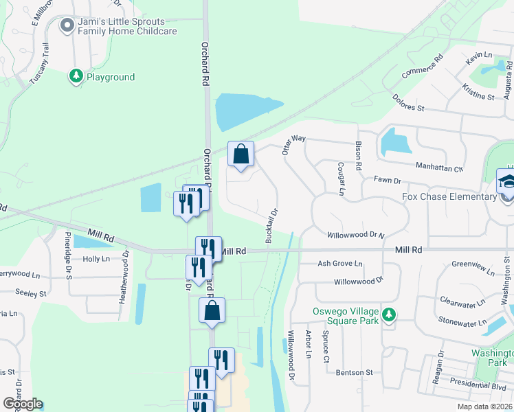 map of restaurants, bars, coffee shops, grocery stores, and more near 101 Donegal Court in Oswego