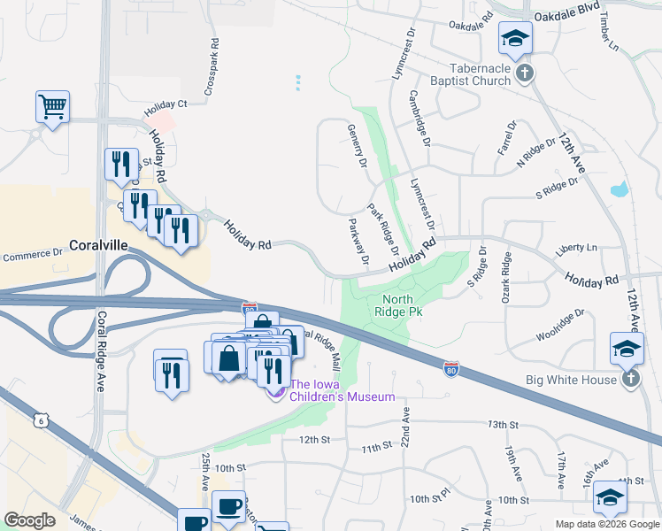 map of restaurants, bars, coffee shops, grocery stores, and more near 2275 Holiday Road in Coralville