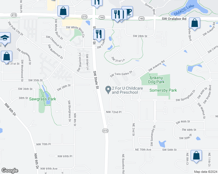 map of restaurants, bars, coffee shops, grocery stores, and more near 1558 Southwest Twin Gates Drive in Ankeny