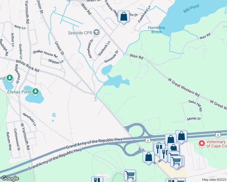 map of restaurants, bars, coffee shops, grocery stores, and more near 27 Wadsworth Lane in Yarmouth