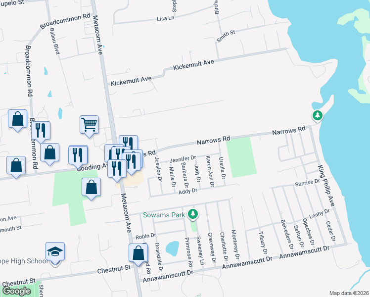 map of restaurants, bars, coffee shops, grocery stores, and more near 50 Narrows Road in Bristol