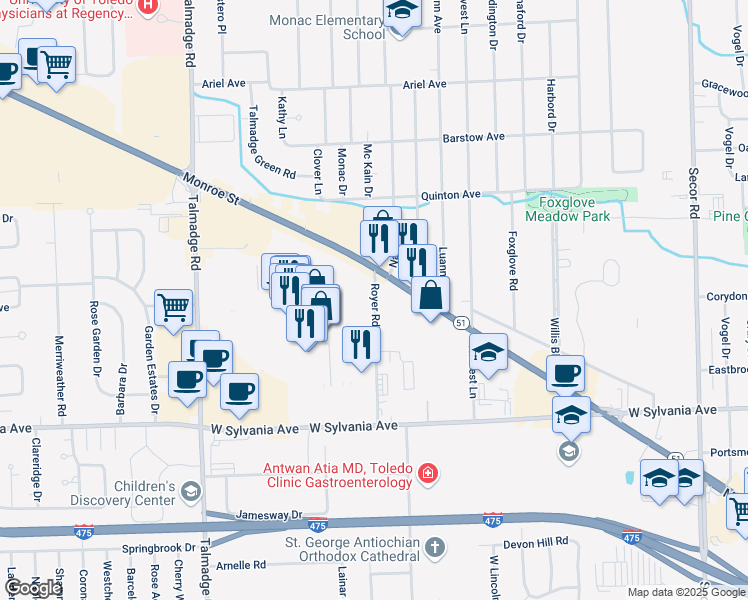 map of restaurants, bars, coffee shops, grocery stores, and more near 4224 Royer Road in Toledo