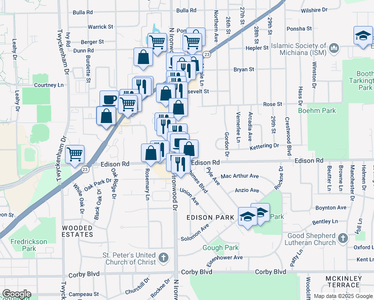 map of restaurants, bars, coffee shops, grocery stores, and more near 2309 Edison Road in South Bend