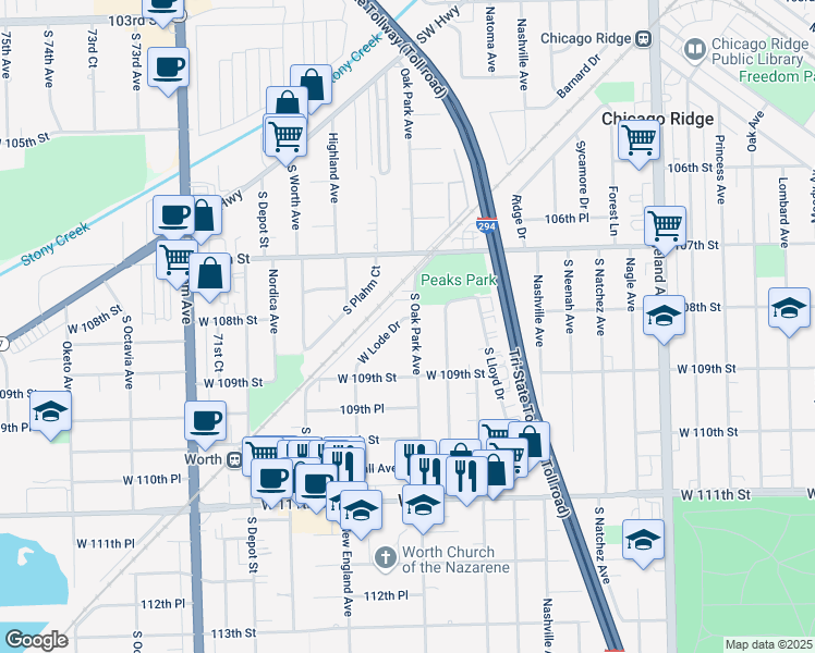 map of restaurants, bars, coffee shops, grocery stores, and more near 6801 West Lode Drive in Worth