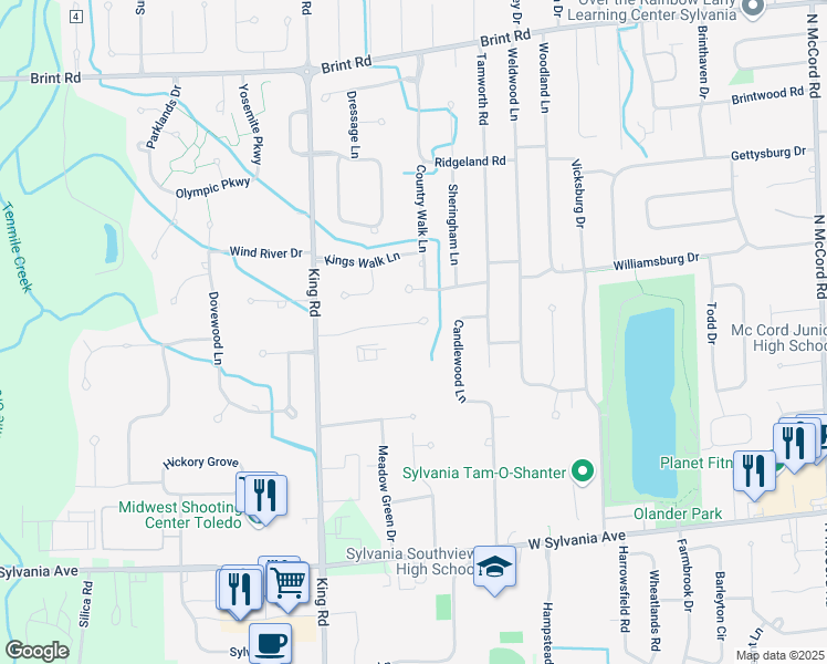 map of restaurants, bars, coffee shops, grocery stores, and more near 7331 Country Meadow Court in Sylvania