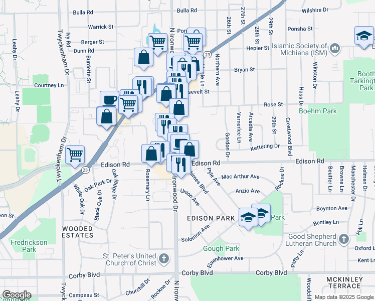 map of restaurants, bars, coffee shops, grocery stores, and more near 2309 Edison Road in South Bend