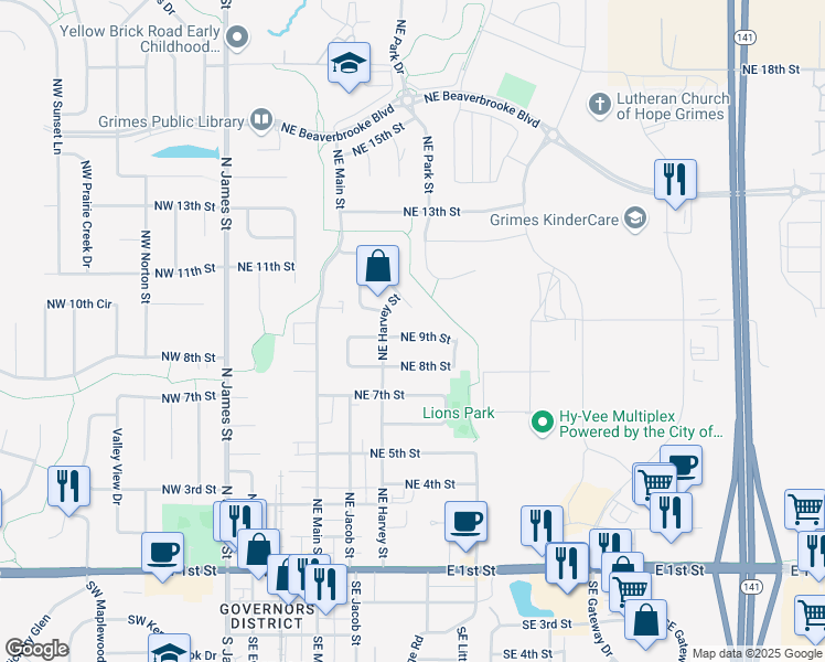 map of restaurants, bars, coffee shops, grocery stores, and more near 617 Northeast 9th Street in Grimes