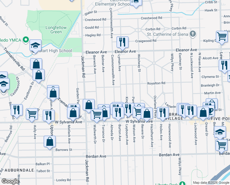 map of restaurants, bars, coffee shops, grocery stores, and more near 4211 Lyman Avenue in Toledo