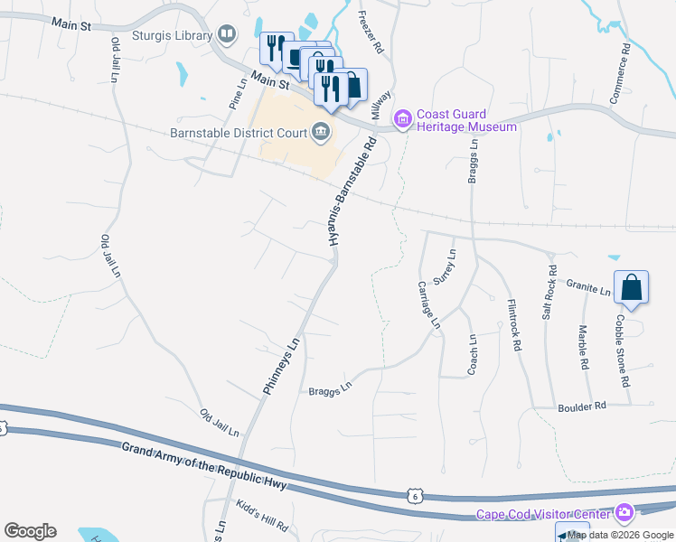 map of restaurants, bars, coffee shops, grocery stores, and more near 1596 Hyannis-Barnstable Road in Barnstable