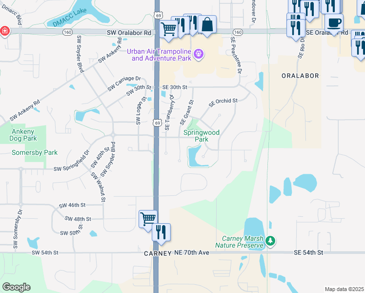 map of restaurants, bars, coffee shops, grocery stores, and more near 3505 Southeast Grant Street in Ankeny