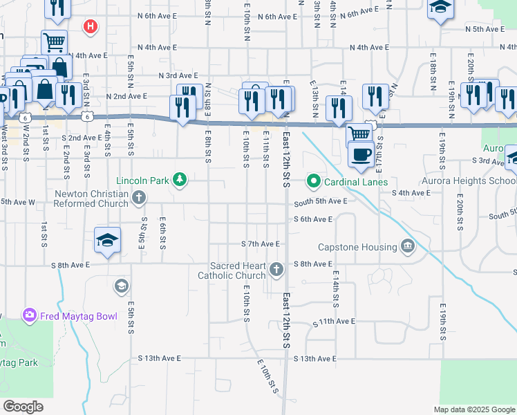 map of restaurants, bars, coffee shops, grocery stores, and more near 1009 South 5th Avenue East in Newton