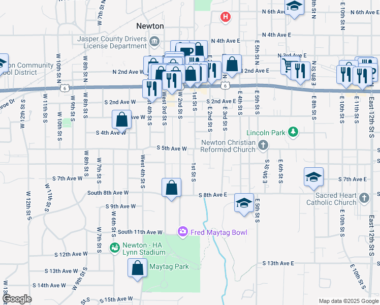 map of restaurants, bars, coffee shops, grocery stores, and more near 115 South 5th Avenue West in Newton