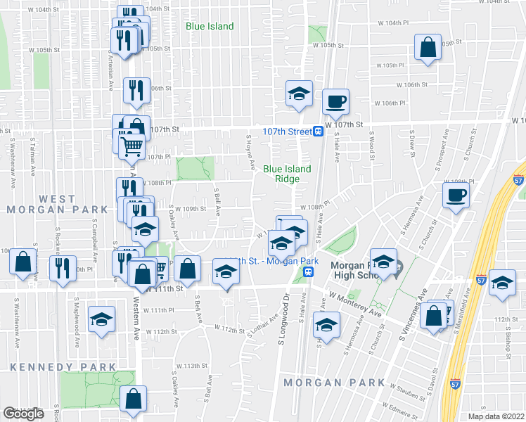 map of restaurants, bars, coffee shops, grocery stores, and more near 10903 South Hoyne Avenue in Chicago