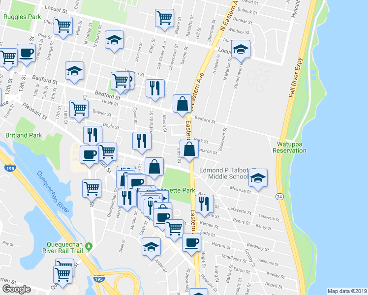 map of restaurants, bars, coffee shops, grocery stores, and more near 169 Downing Street in Fall River
