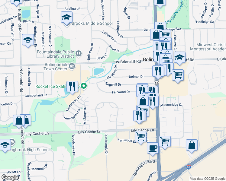 map of restaurants, bars, coffee shops, grocery stores, and more near 164 Fairwood Drive in Bolingbrook