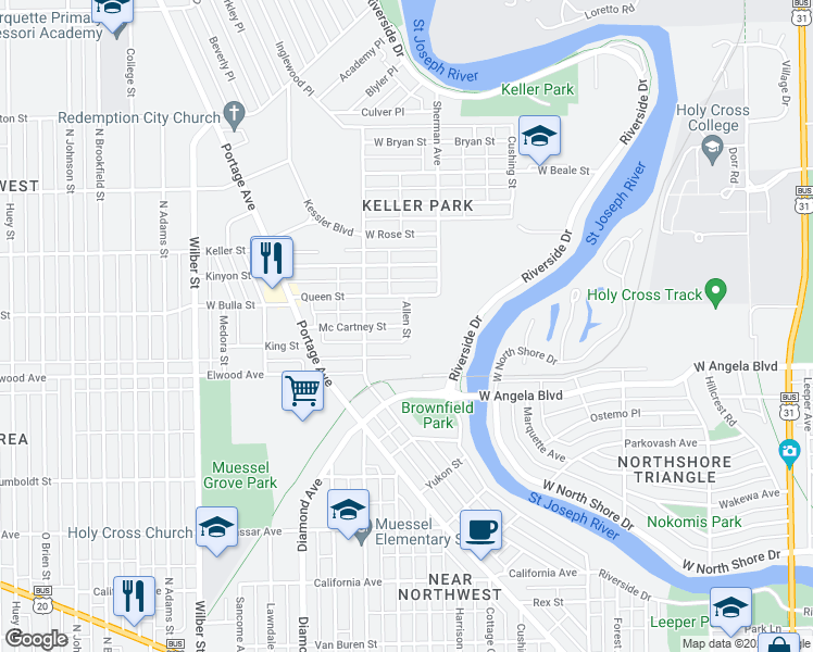map of restaurants, bars, coffee shops, grocery stores, and more near 1101 Mccartney Street in South Bend