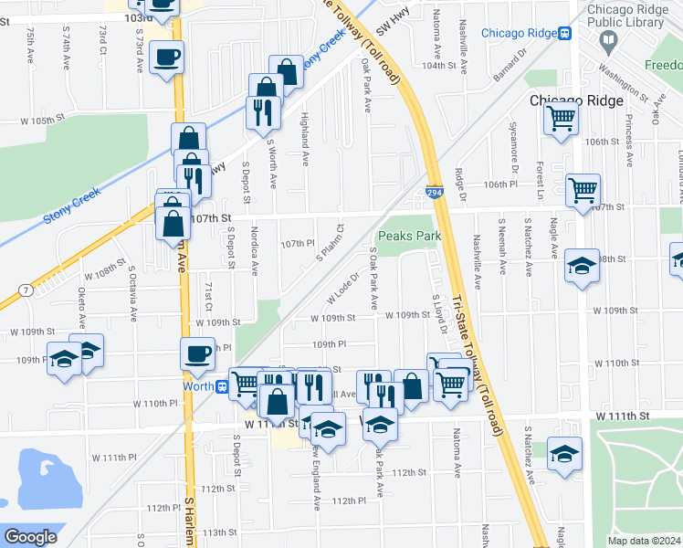 map of restaurants, bars, coffee shops, grocery stores, and more near 6826 West Lode Drive in Worth