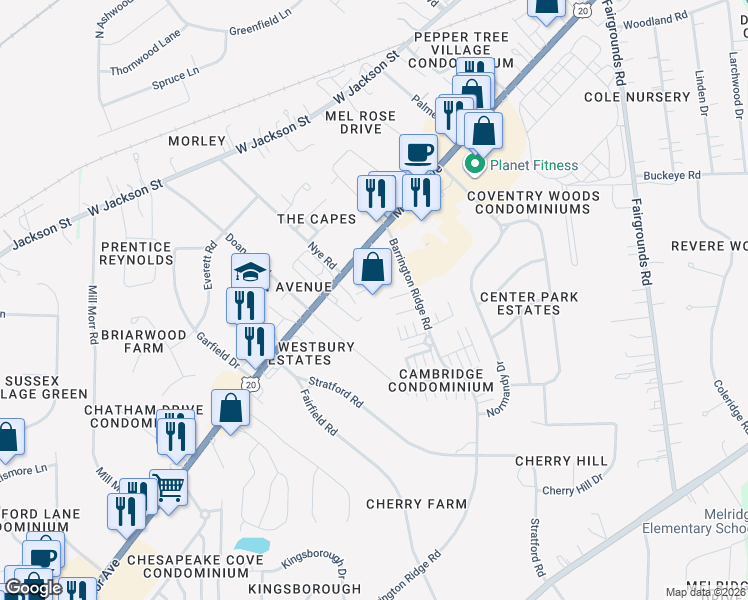 map of restaurants, bars, coffee shops, grocery stores, and more near 1697 Mentor Avenue in Painesville