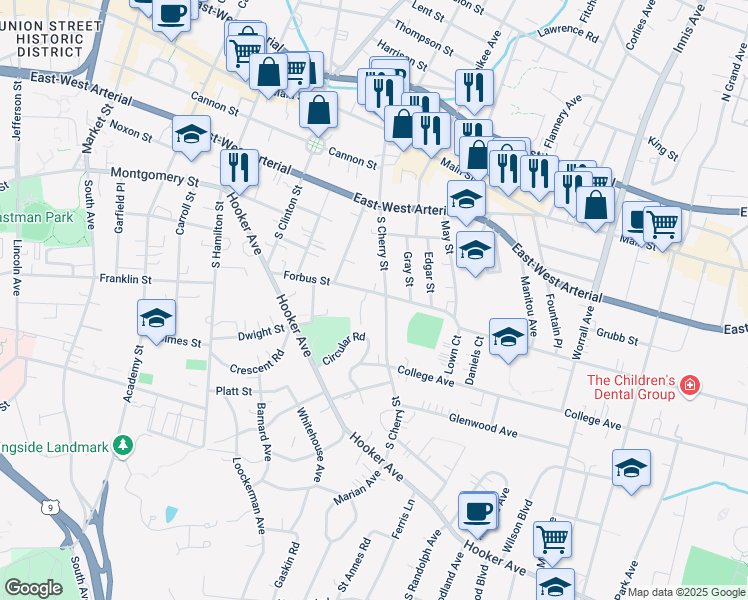 map of restaurants, bars, coffee shops, grocery stores, and more near 37 Forbus Street in Poughkeepsie