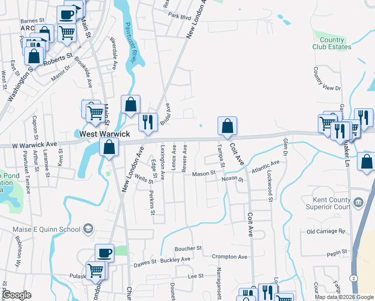 map of restaurants, bars, coffee shops, grocery stores, and more near 11 Revere Avenue in West Warwick