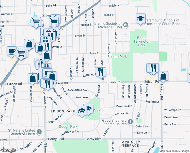 map of restaurants, bars, coffee shops, grocery stores, and more near 2832 Kettering Drive in South Bend