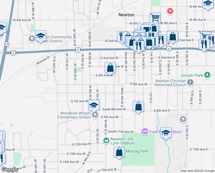 map of restaurants, bars, coffee shops, grocery stores, and more near 519 South 5th Avenue West in Newton