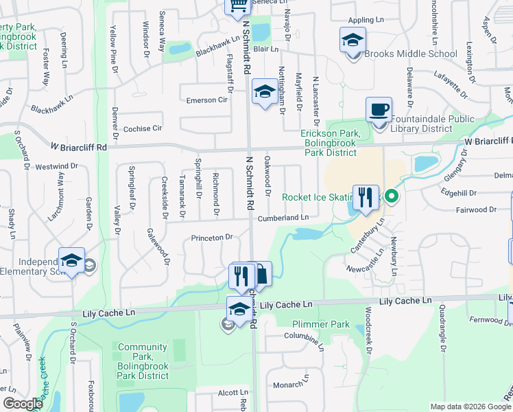 map of restaurants, bars, coffee shops, grocery stores, and more near 146 Schmidt Road in Bolingbrook