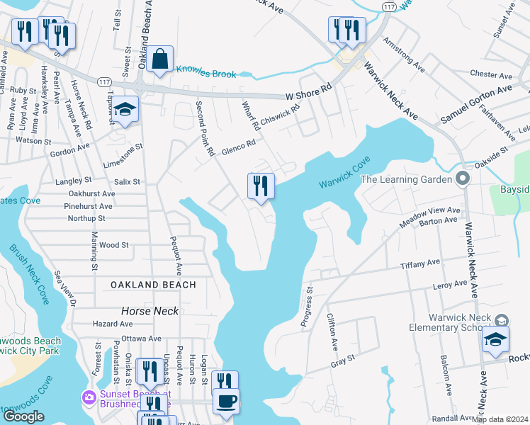 map of restaurants, bars, coffee shops, grocery stores, and more near 30 Waterfront Drive in Warwick