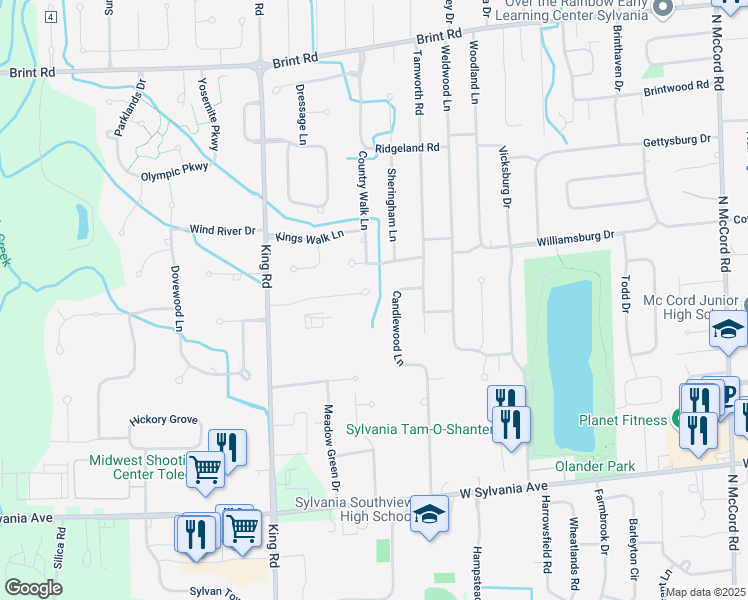 map of restaurants, bars, coffee shops, grocery stores, and more near 7331 Country Meadow Court in Sylvania