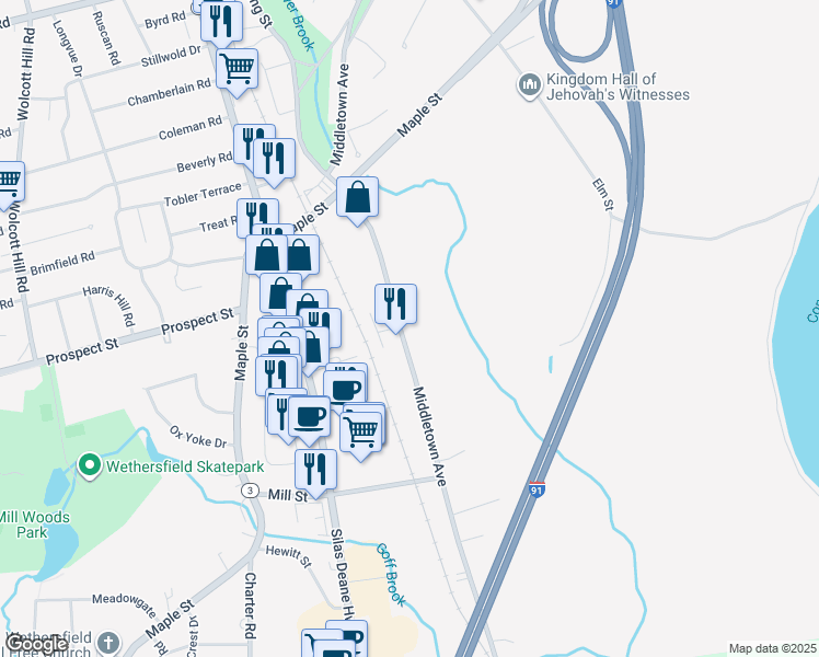 map of restaurants, bars, coffee shops, grocery stores, and more near 248 Middletown Avenue in Wethersfield